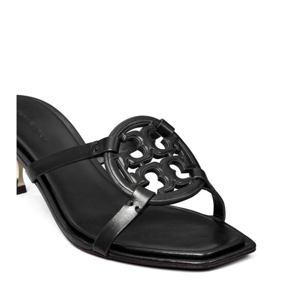 Tory Burch Geo Bombe Miller Leather Black Gold Heeled Sandals- Size 8.5 - Picture 14 of 15